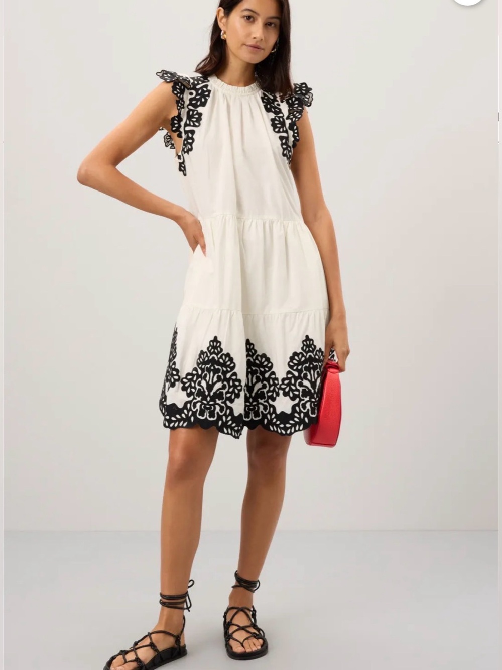 Elie Tahari White Cotton Tiered Sun Dress with Black Lace Appliqué Size XS
